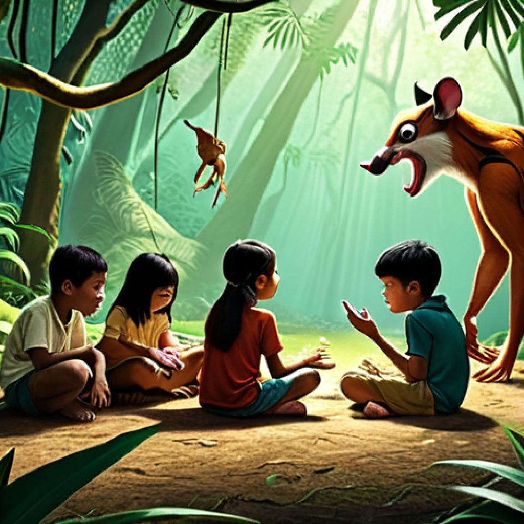 **Prompt:** A group of Malaysian children gathered around a storyteller in a lush rainforest setting. The storyteller is animatedly narrating a tale of a clever Pelanduk (mouse-deer), with illustrations of local animals like the Malayan tiger, orangutan, and hornbill projected or displayed nearby. The scene should evoke a sense of wonder and connection to nature.