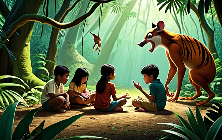 **Prompt:** A group of Malaysian children gathered around a storyteller in a lush rainforest setting. The storyteller is animatedly narrating a tale of a clever Pelanduk (mouse-deer), with illustrations of local animals like the Malayan tiger, orangutan, and hornbill projected or displayed nearby. The scene should evoke a sense of wonder and connection to nature.