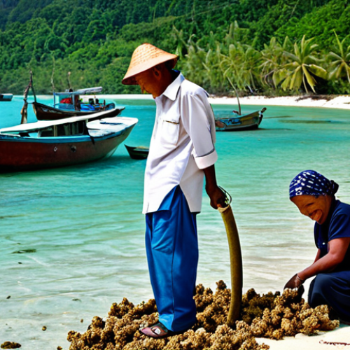 Community Empowerment in Terengganu**

"A group of fully clothed Malaysian villagers in Terengganu working together on a coral reef restoration project, wearing appropriate attire. The scene shows diverse ages and genders, smiling and engaged. In the background, traditional fishing boats are visible. Bright, sunny day. safe for work, appropriate content, professional, perfect anatomy, natural proportions, well-formed hands, family-friendly, modest clothing."

**